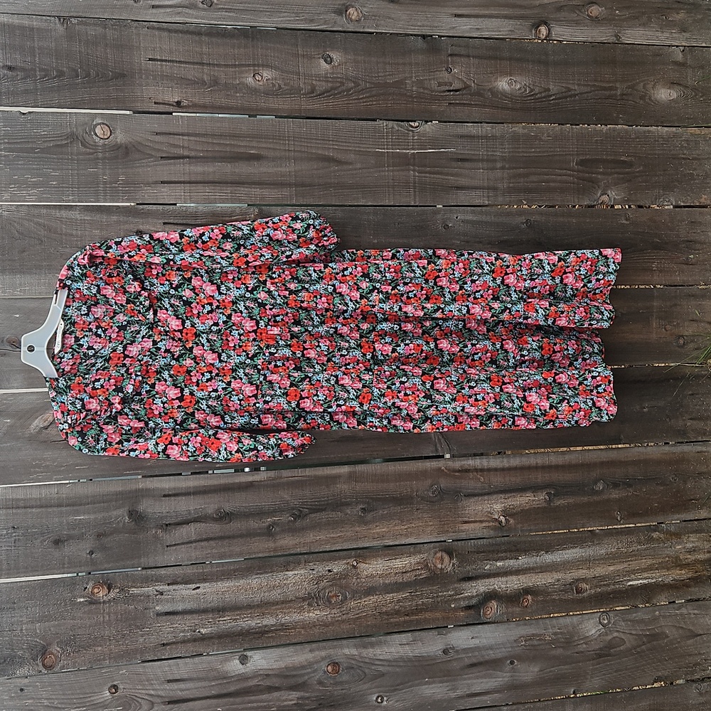 ZARA Black‎ Red Floral Rosie Midi V-Neck 3/4 Sleeve Smock Dress size M